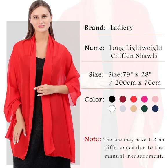 Women Red Elegant Soft Sheer Chiffon Stole Bride Wedding Shawls and Wraps - Picture 6 of 7
